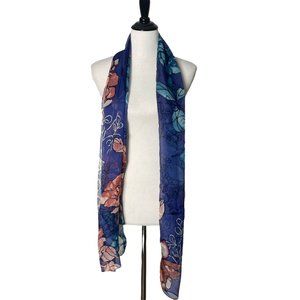 Vince Camuto Womens 100% Silk Scarf Floral Pattern Rectangle Blue Flowers 77"